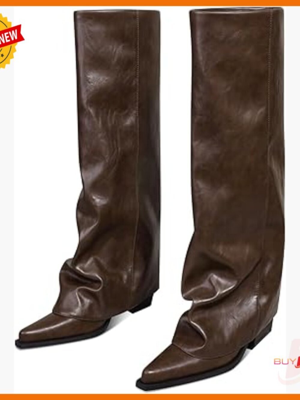 Knee High Boots Wide Calf Chunky Heel Pointed Toe Slouchy Fold Over